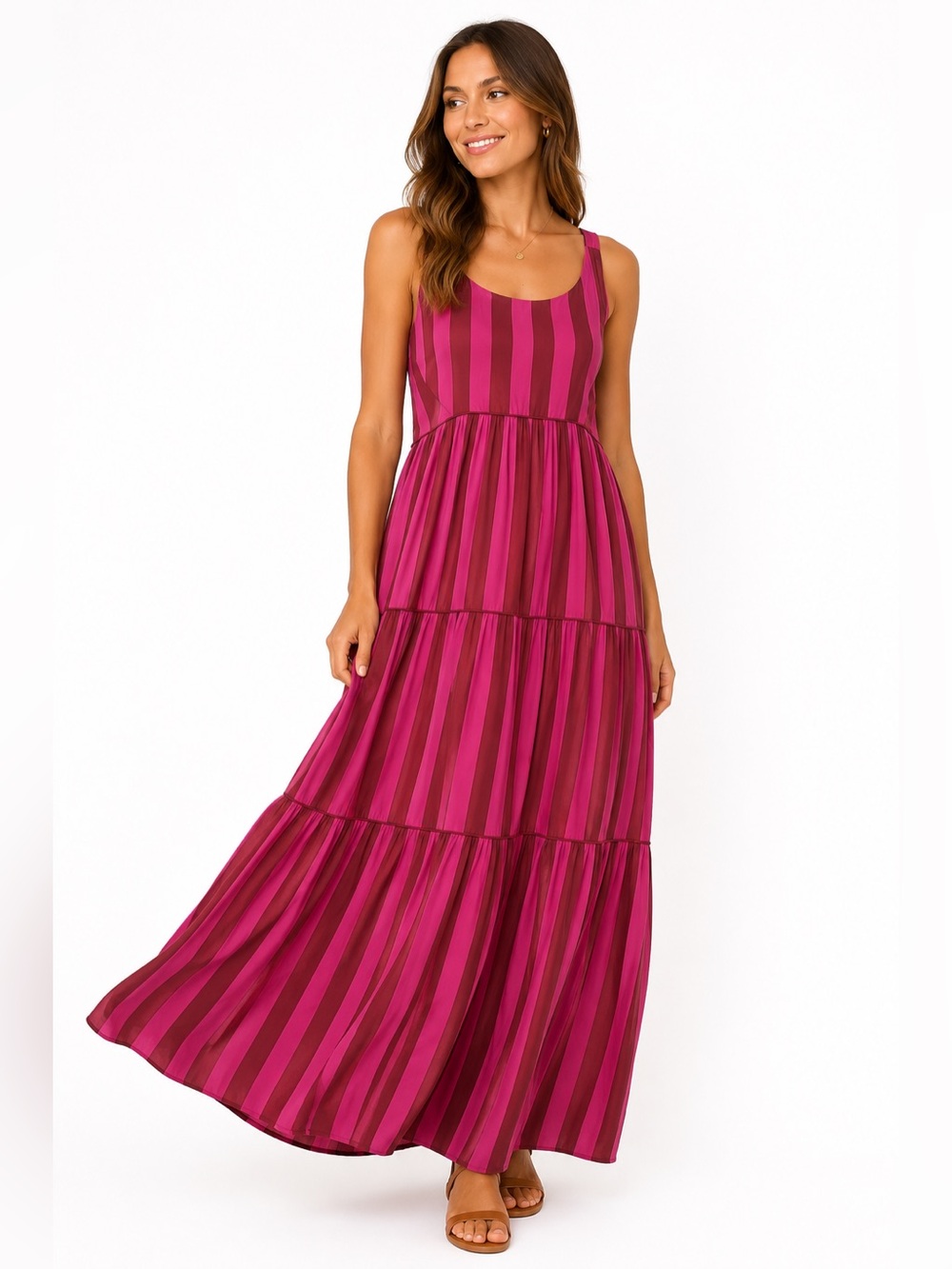 Cloth & Portrait Pink Stripe Tiered Maxi Dress | Boho Resort Coastal Chic
